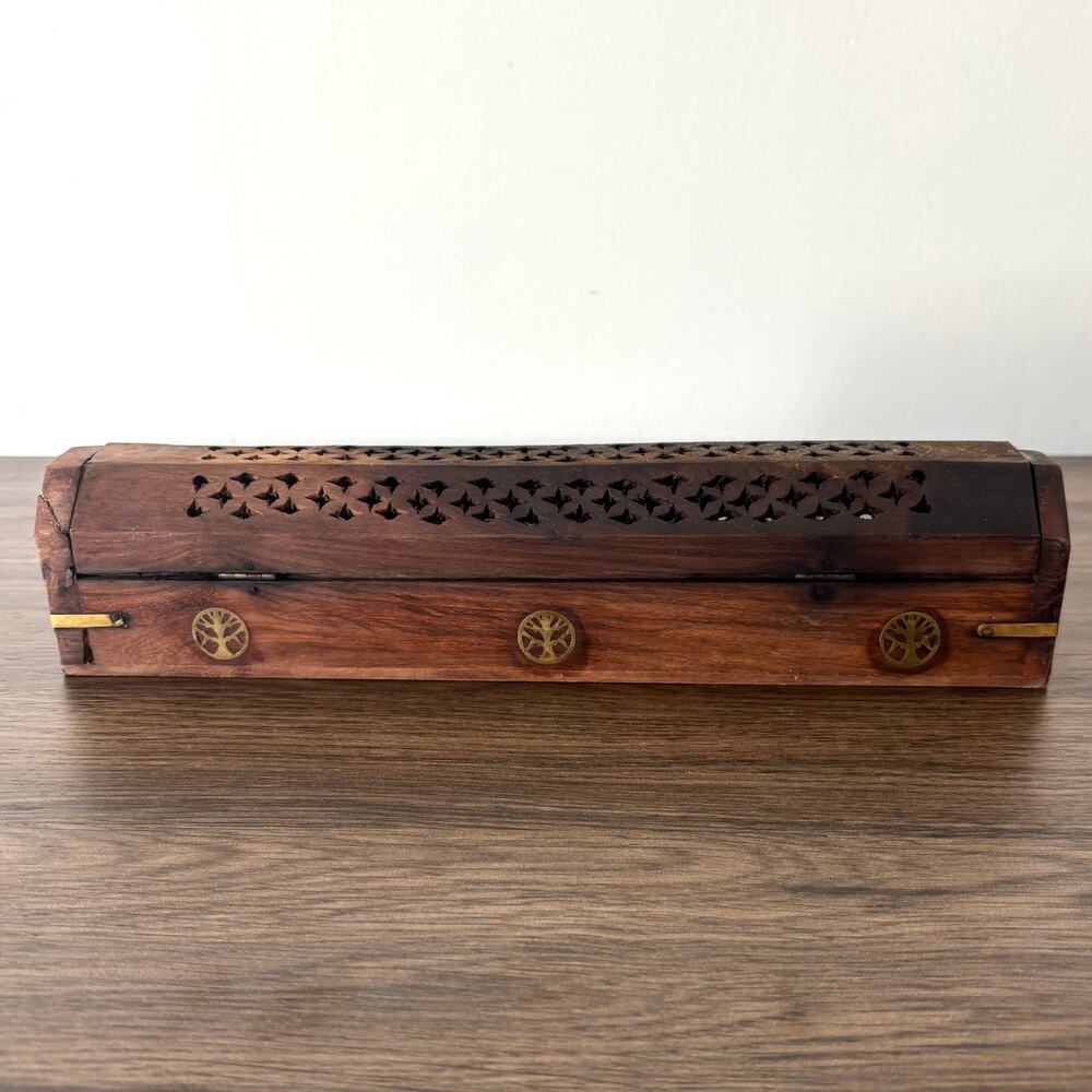 Wooden Coffin Incense Burner - 12" Tree of Life - Brass Inlays - Storage
